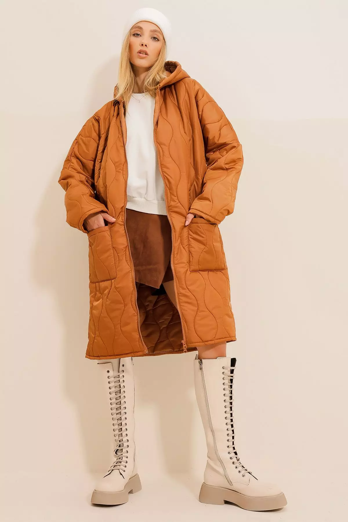 Women's Camel Double Pockets Front Double Zipper Hooded Long Puffer Coat