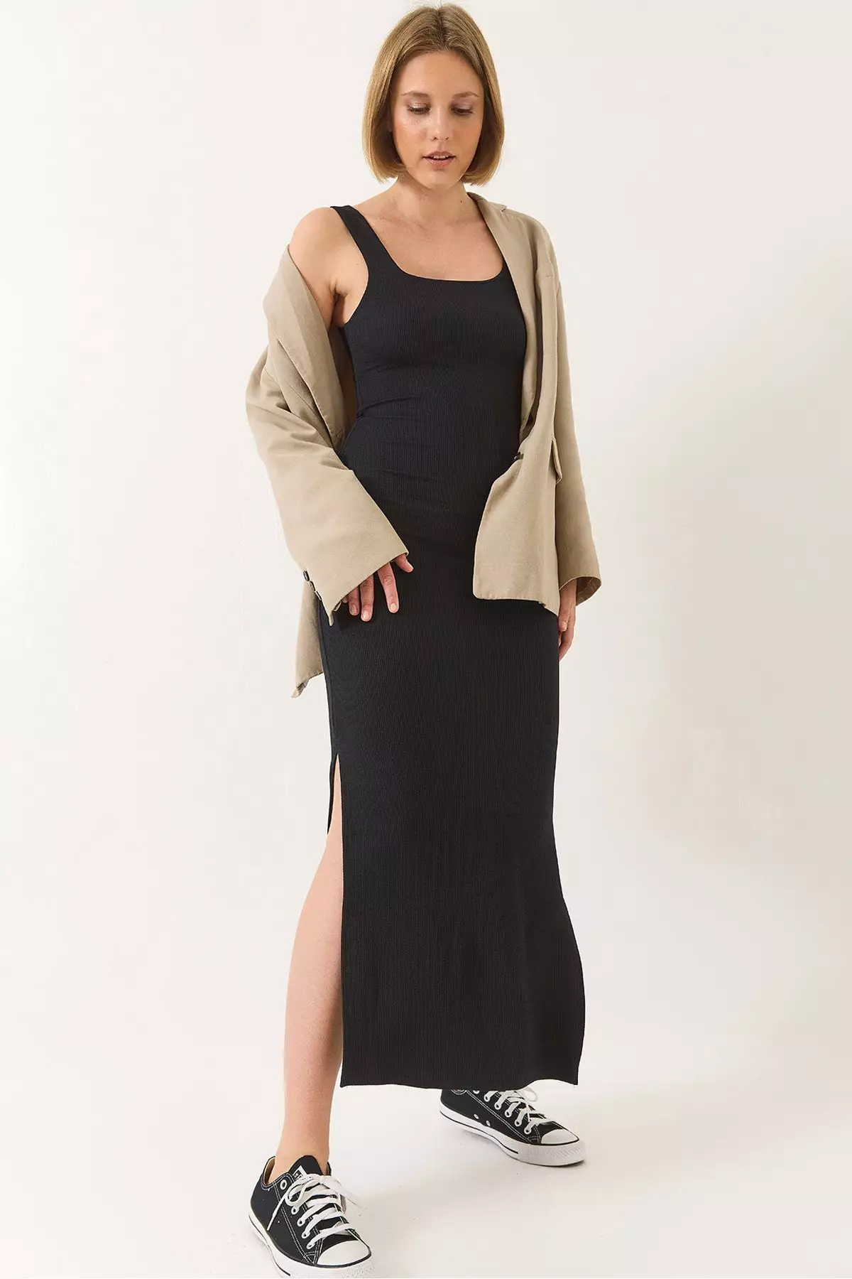 Women's Strappy Square Neck Slit Detailed Ottoman Midi Dress 295 60283176