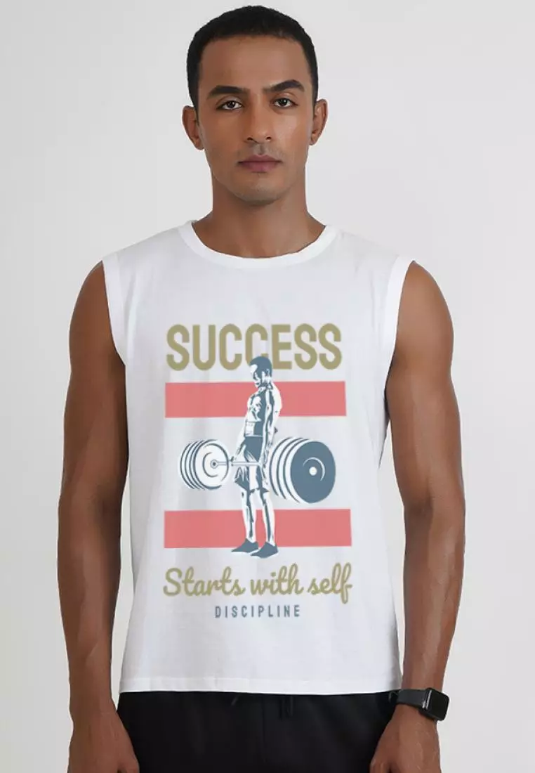 成功从这里开始白色图案无袖健身运动背心/背心