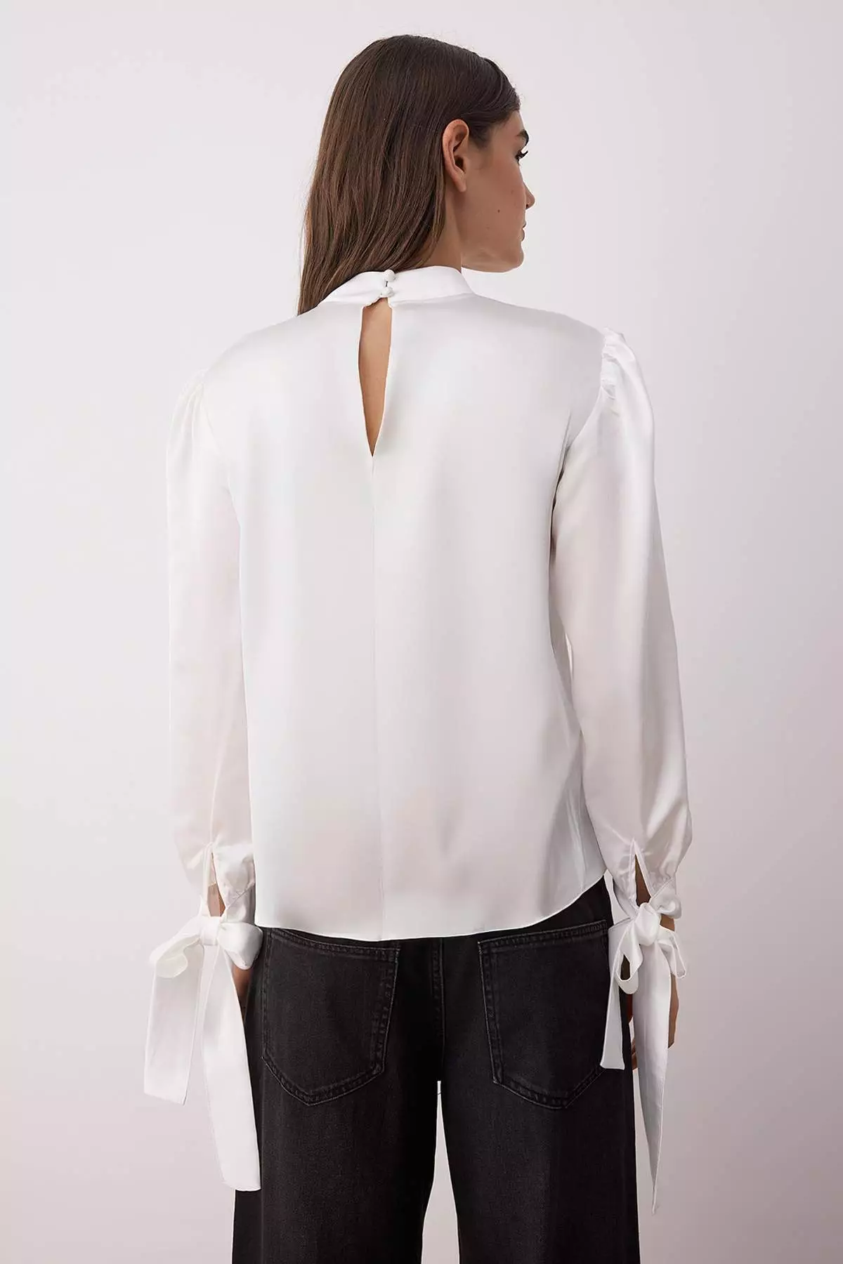 White Satin Woven Blouse With Tie Detail