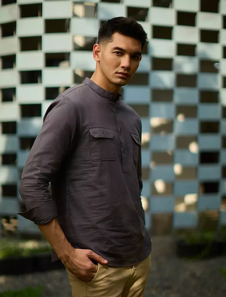 Kemeja koko Collarless shirt OXCON GHAISAN Dark Grey