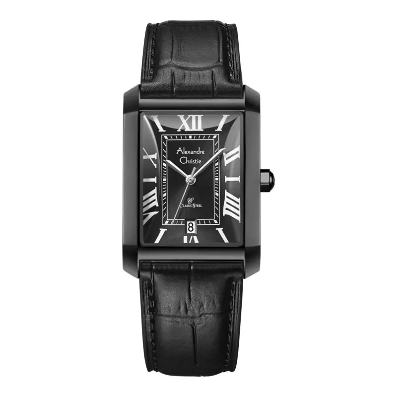 Jam Tangan Pria Alexandre Christie Classic Steel AC 8714 MD LIPBA Tank Men Black Dial Black Leather Strap