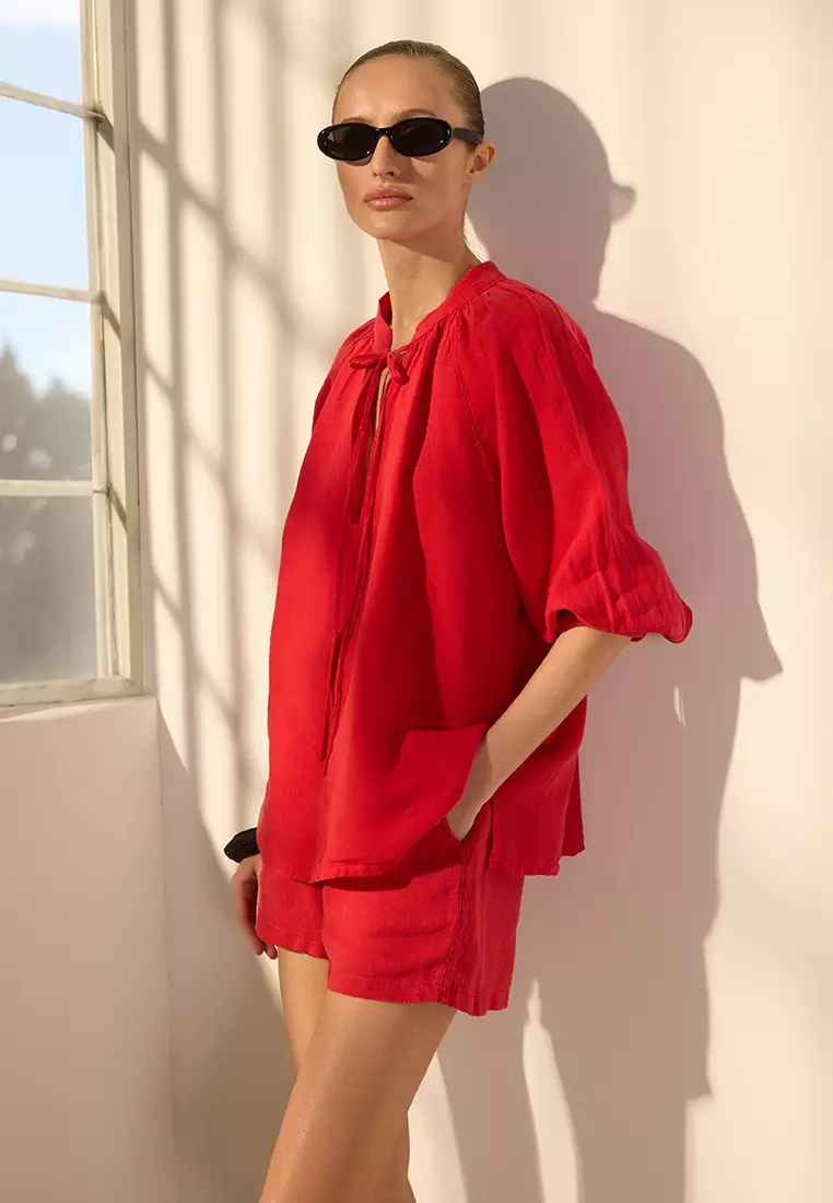 Red 100% Linen Judge Collar Shirt TWOSS25GO00134