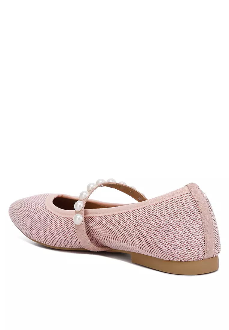 Flat Balerina Berhias Mutiara Merah Muda