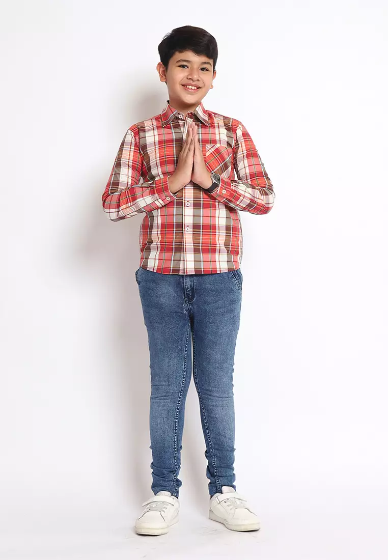 Kemeja Anak Laki Lengan Panjang Kotak Red Cream - BRIGHT