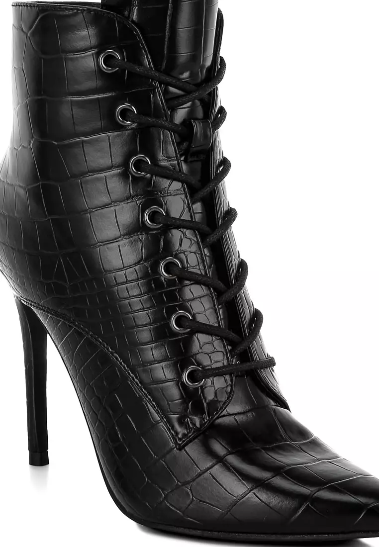 Sepatu Boot Stiletto Bertali Croc dalam Warna Hitam