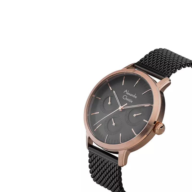 Jam Tangan Pria Alexandre Christie Classic AC 6570 MF BBRBA Men Black Dial Black Mesh Stainless Steel Strap