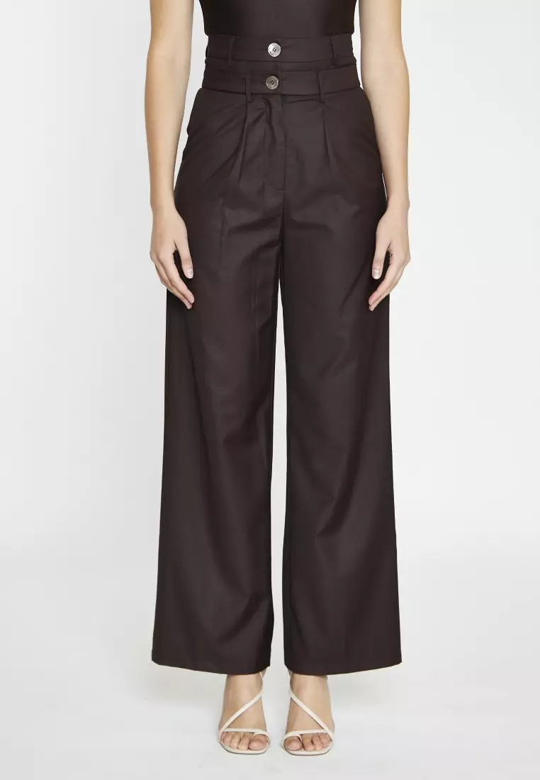 Dark Brown Double Waisted Wide Leg Trousers