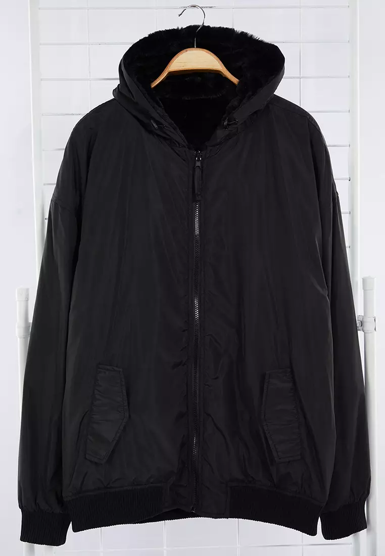 Unisex Black Plush Double-Sided Hooded Winter Coat TMNAW25MO00012