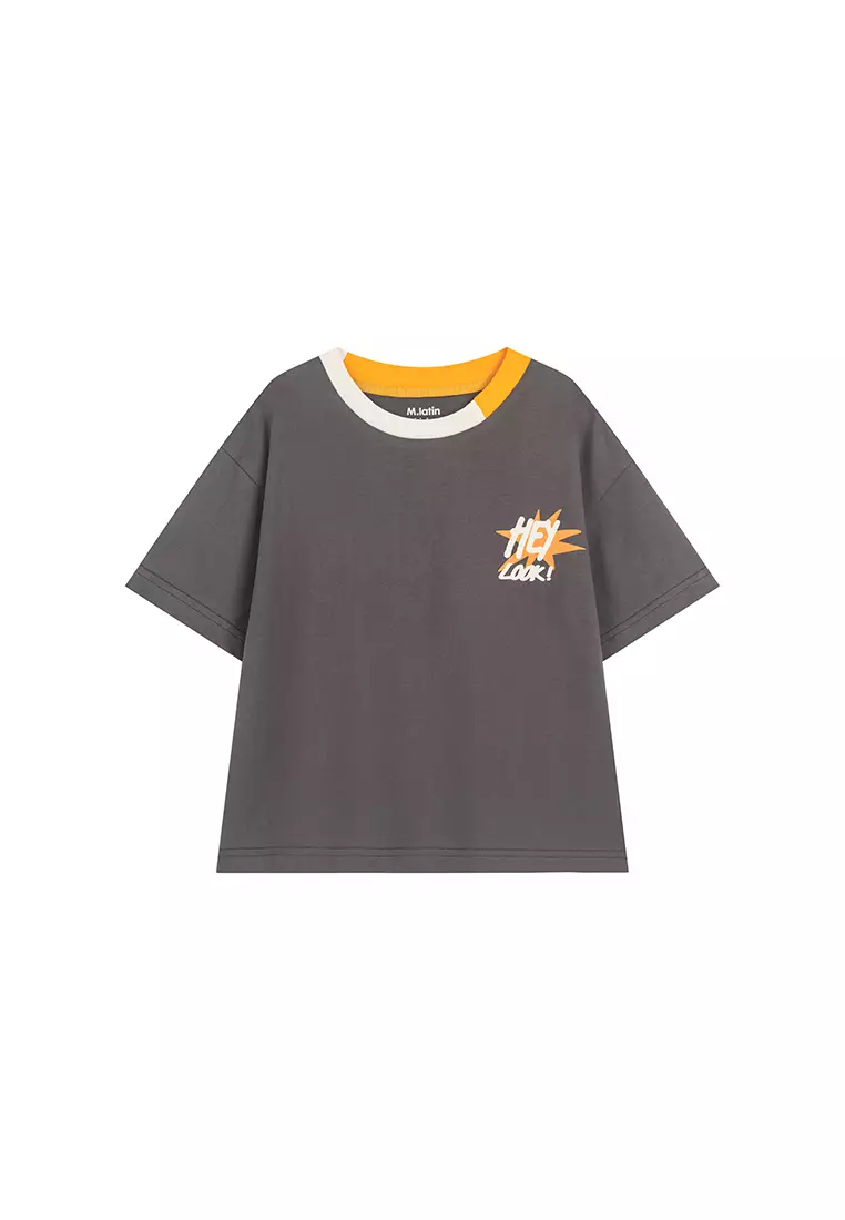 男童短袖T恤撞色圆领漫画印花棉布T恤