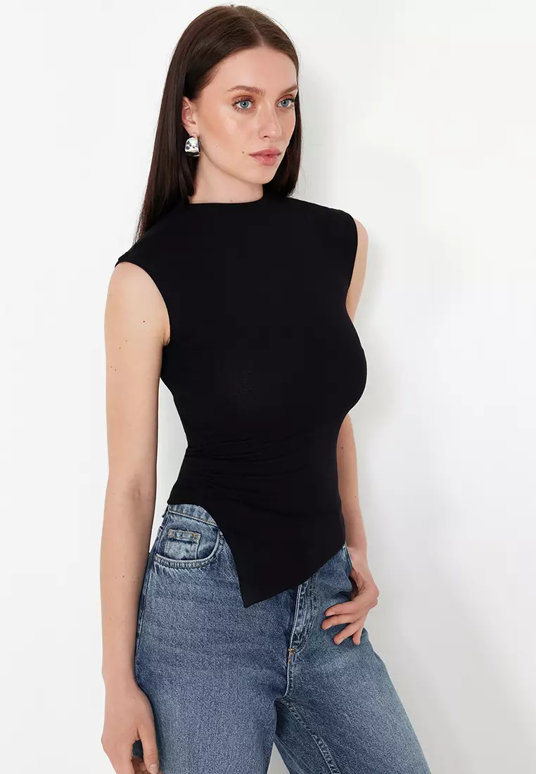 Black Stand Collar Gather/Drape Detailed Fitted/Asymmetrical Knitted Blouse TWOSS24BZ00534