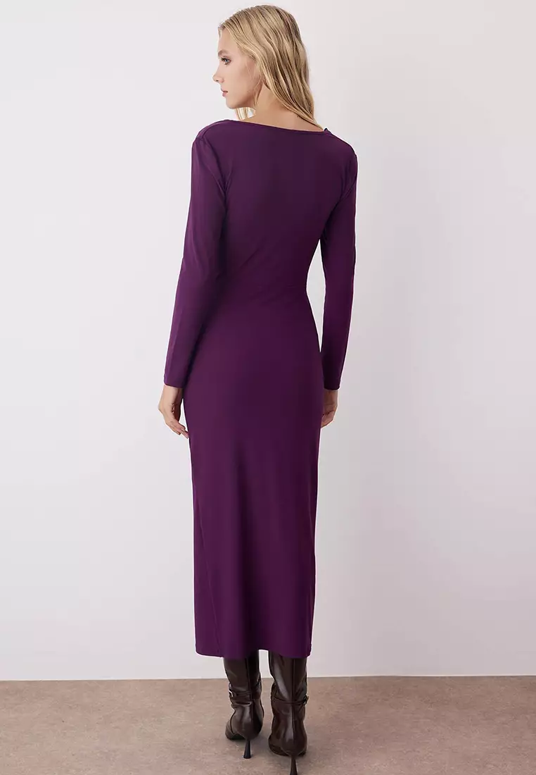 Plum Plain Gathered Boat Neck Lined Bodycone/Fits Body Maxi Knit Dress Twoaw26El00063