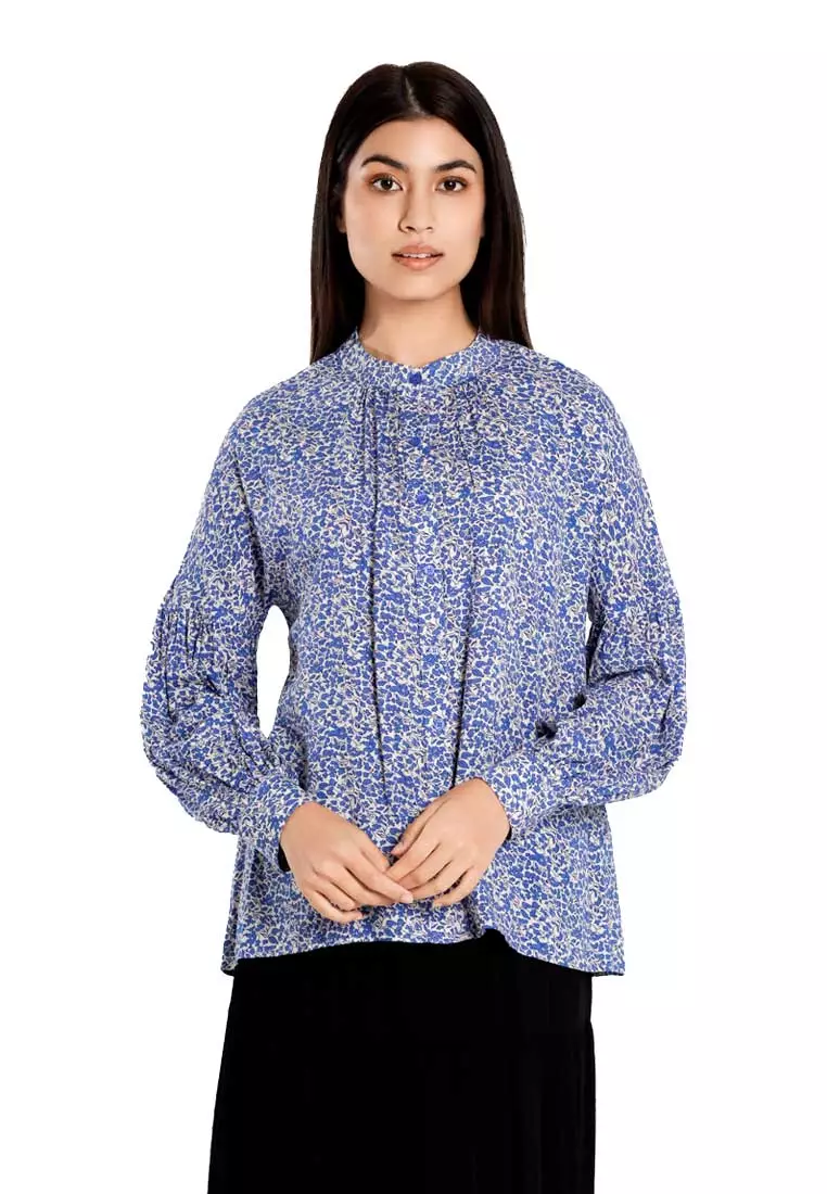 Forest Ladies Floral Pattern Button Rayon Blouse Women Long Sleeve Blouse | Baju Perempuan - 822486-31Blue