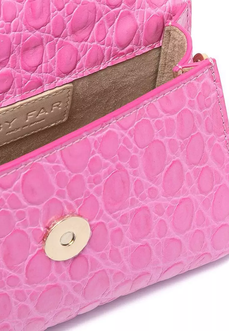 Mini Circular Croco Embossed Leather Shoulder Bag in Fuchsia