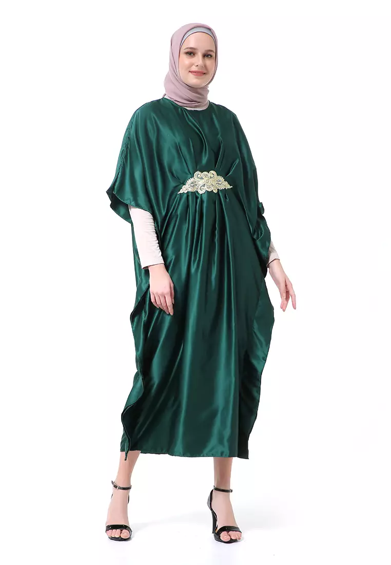 Illona Kaftan Dress Premium Fashion Muslimah Motif Polos Regular Fit - Hijau