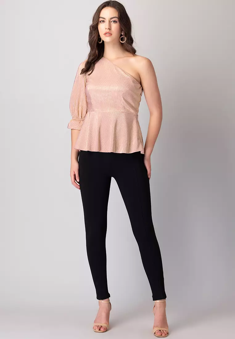 Light Pink Pleated One Shoulder Peplum Top