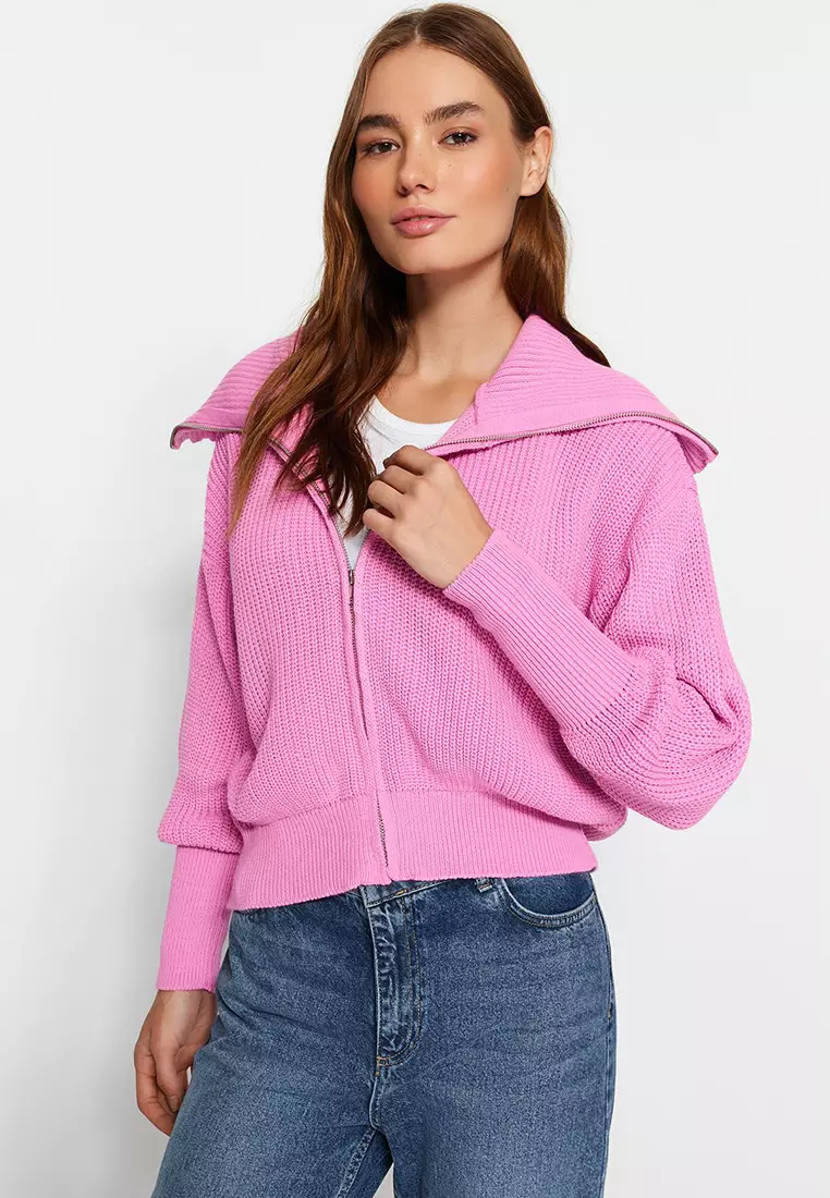 Pink Wide Pattern Turn-down Collar Zippered Knitwear Cardigan TWOAW24HI00072