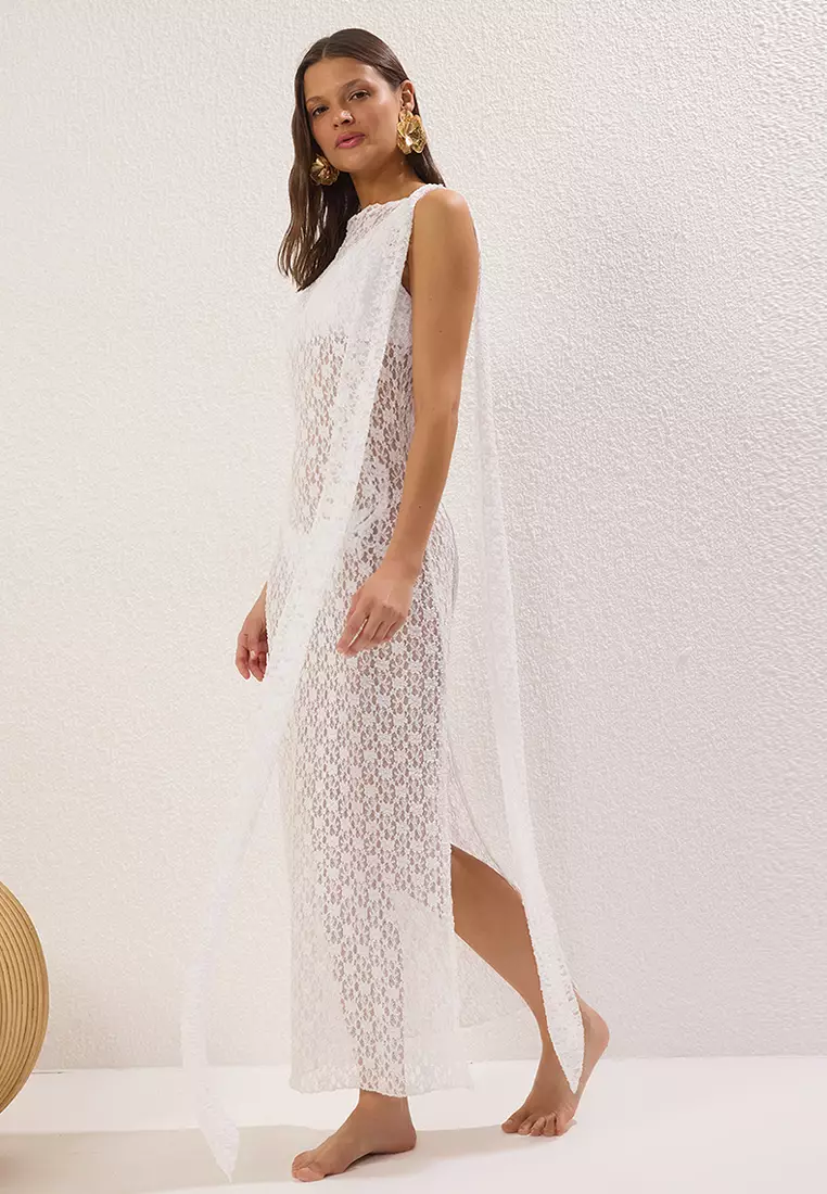 Ecru Maxi Knitted Lace Beach Dress TBESS25EL00089