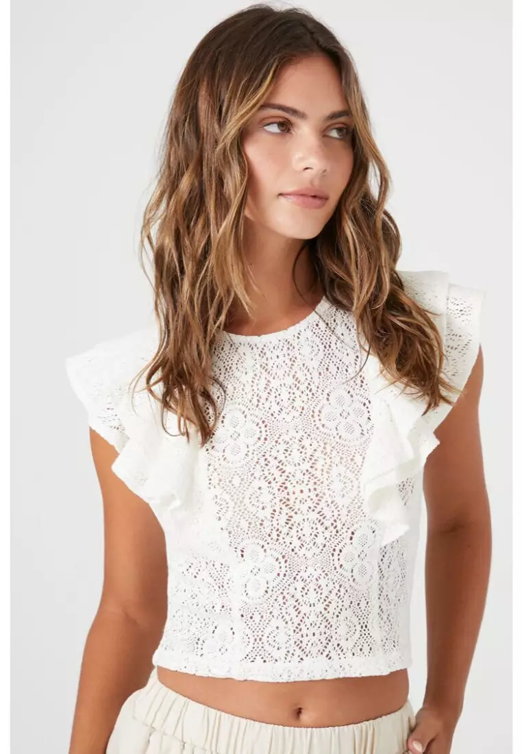 Buy FOREVER 21 Lace Flounce-Sleeve Crop Top 2024 Online