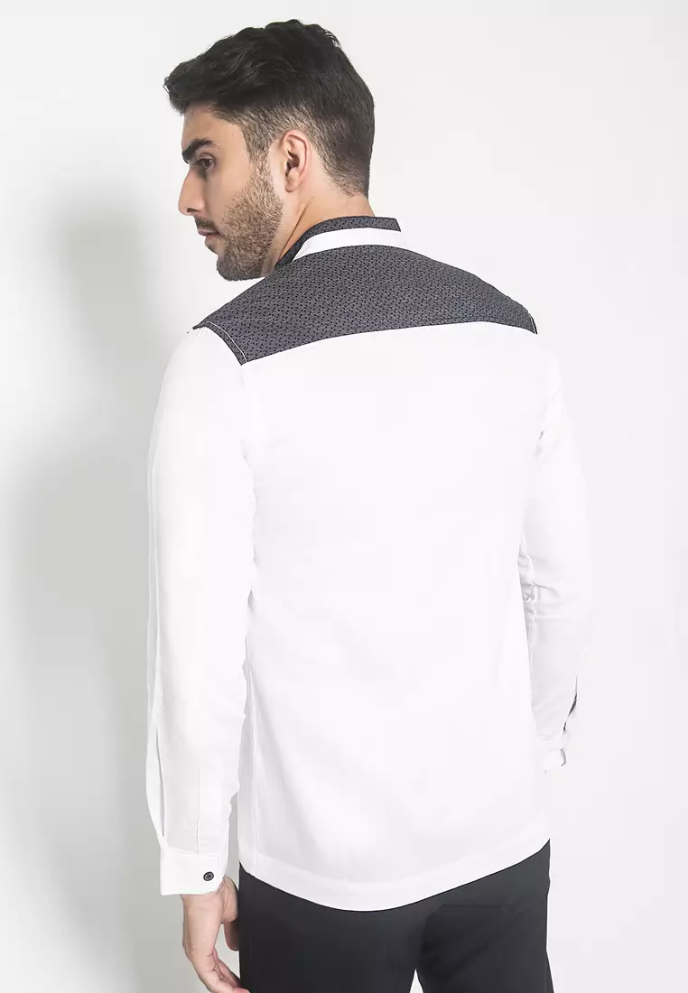 LGS - Slim Fit - Baju koko - Bordir Simetris - Kancing Hitam - Putih - JSH.385.S1045KF.341.C-L/S