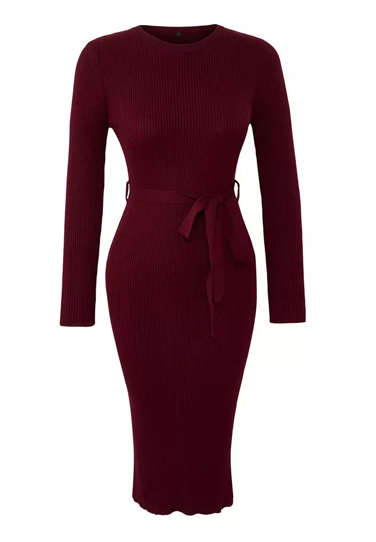 Burgundy Midi Knitwear Belt Detailed Dress