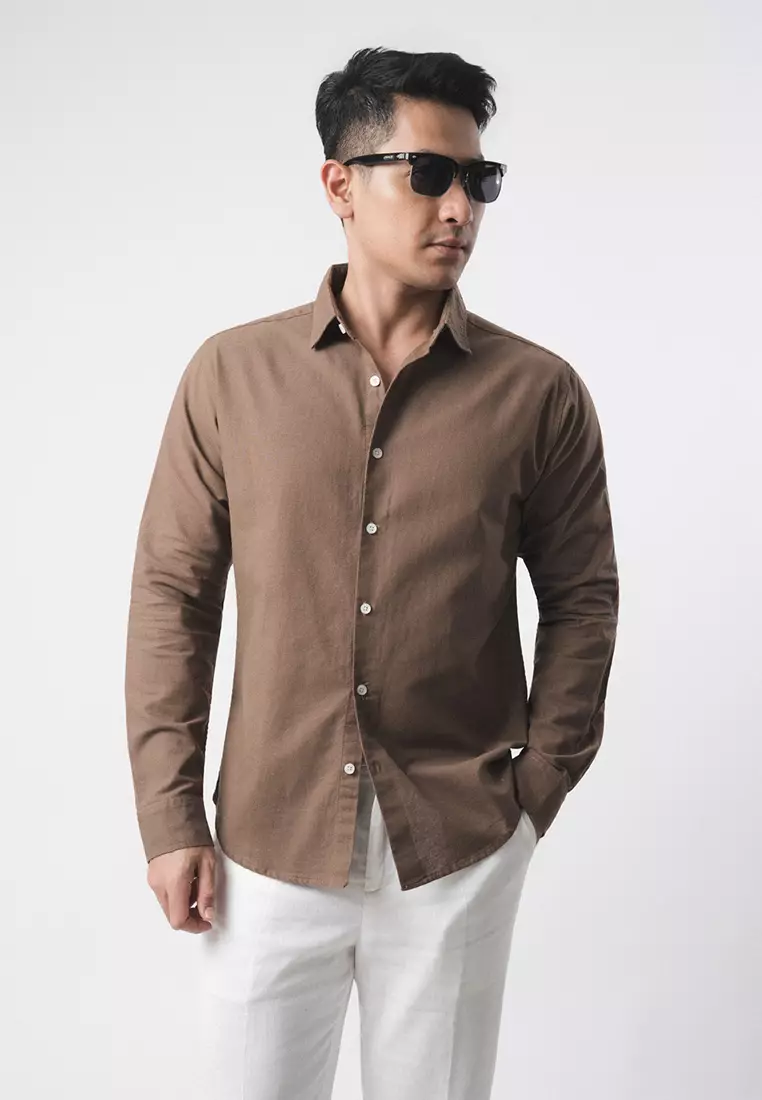 Linen Blend Slim Fit Shirt - Wood Brown LS