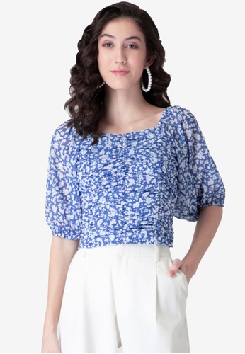 FabAlley blue Floral Smocked Back Crop Top 70AA7AA12E8BDAGS_1