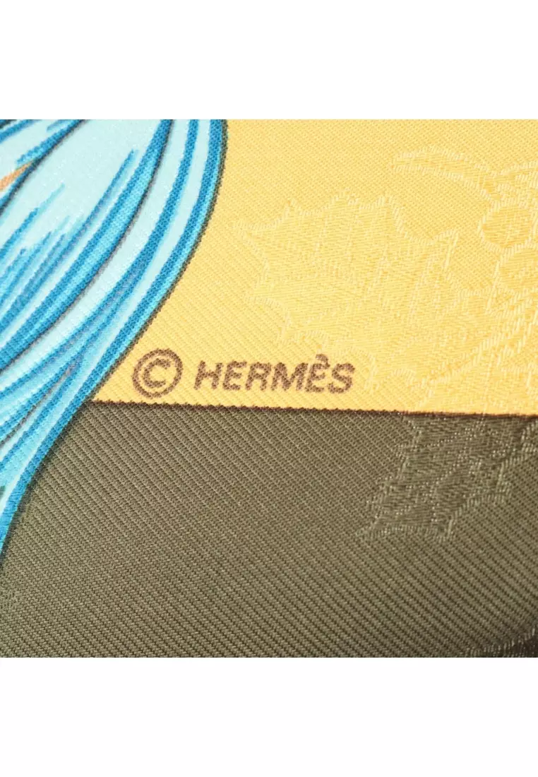 Pre-Loved Hermès carres 90 Plumes et Grelots scarf silk yellow Khaki green multicolor