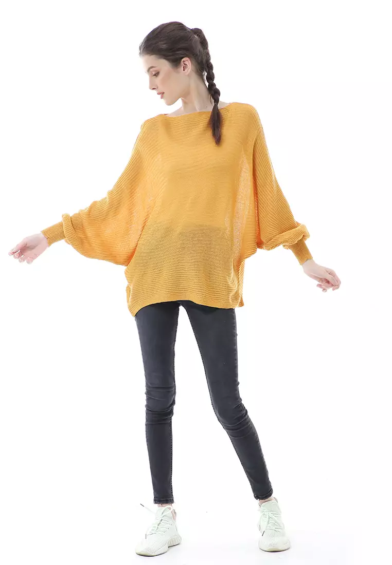 Eveline Sweater Rajut Batwing Atasan Wanita Motif Polos High Quality - Mustard