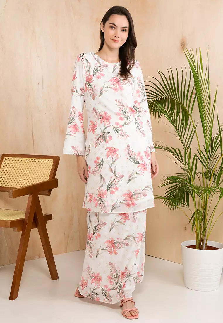 Luxe Gold Foiled Floral Baju Kurung Moden Chiffon in White