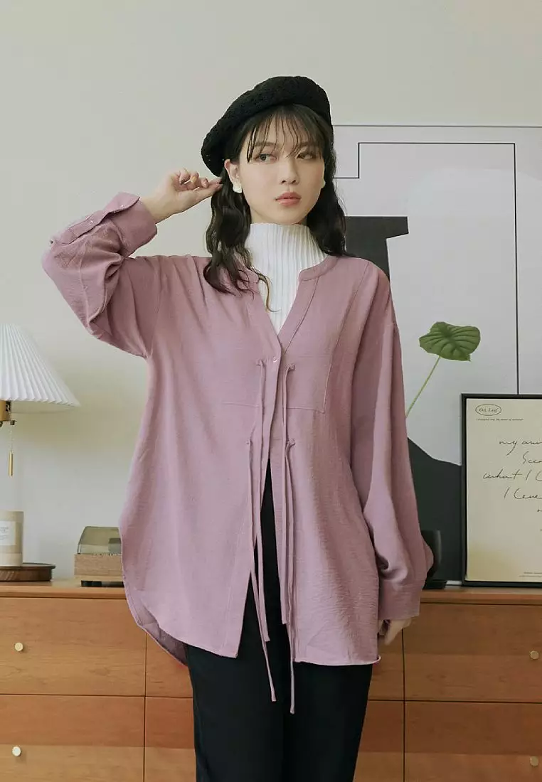 Loose V-Neck Tie Styling Front Short Back Long Side Slit Curved Hem Top [AB18850]