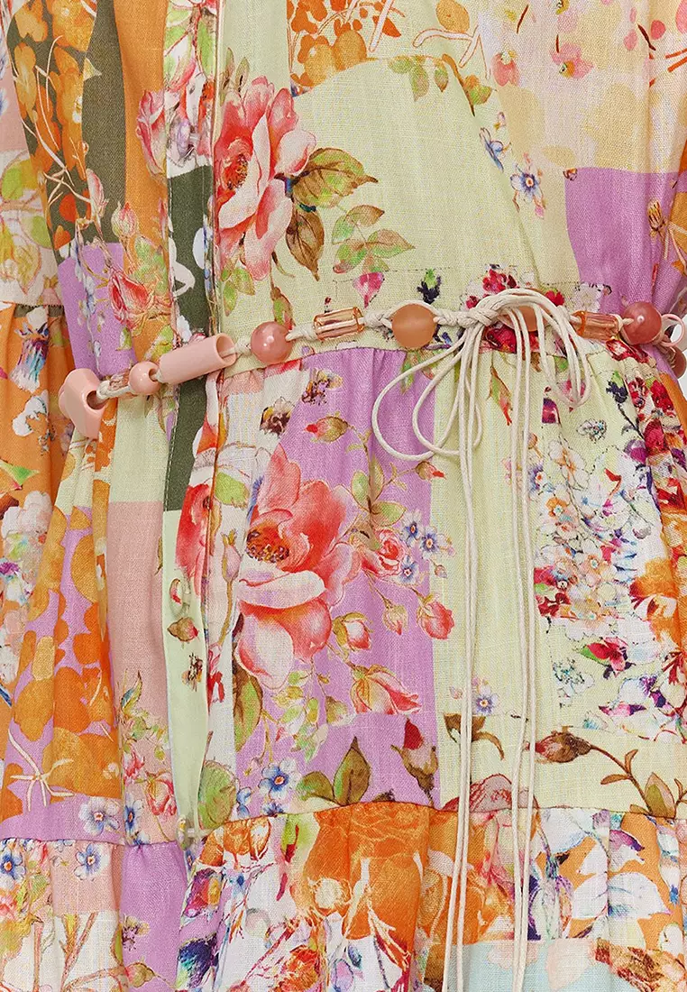 Multicolored Floral Patterned Linen Look Woven Dress with Belt Detail TCTSS24EB00042
