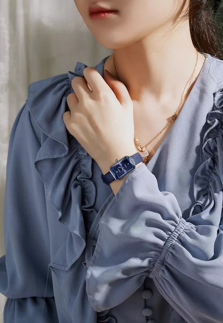 Jam Tangan Wanita Mewah Kasual Square Display Kuarsa Tali kulit dengan gelang gratis