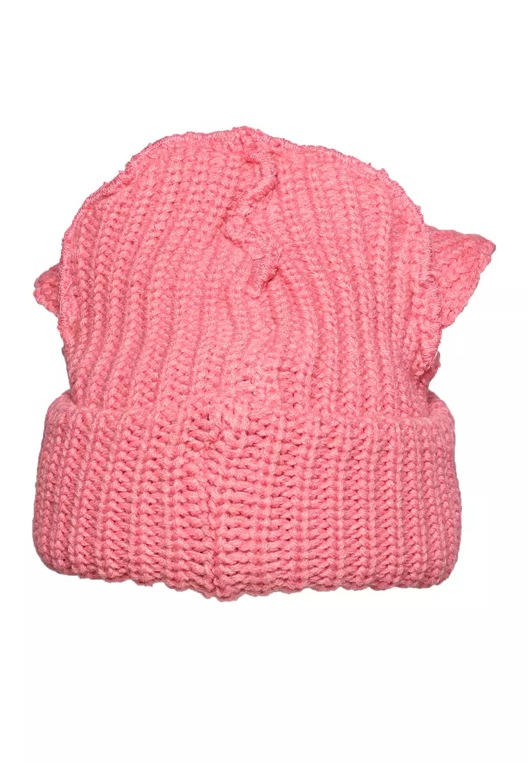 Beanie Telinga Hewan Kancing Warna Pink