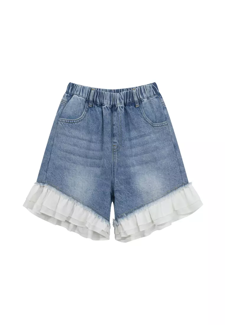 Ruffle Netting Denim Short