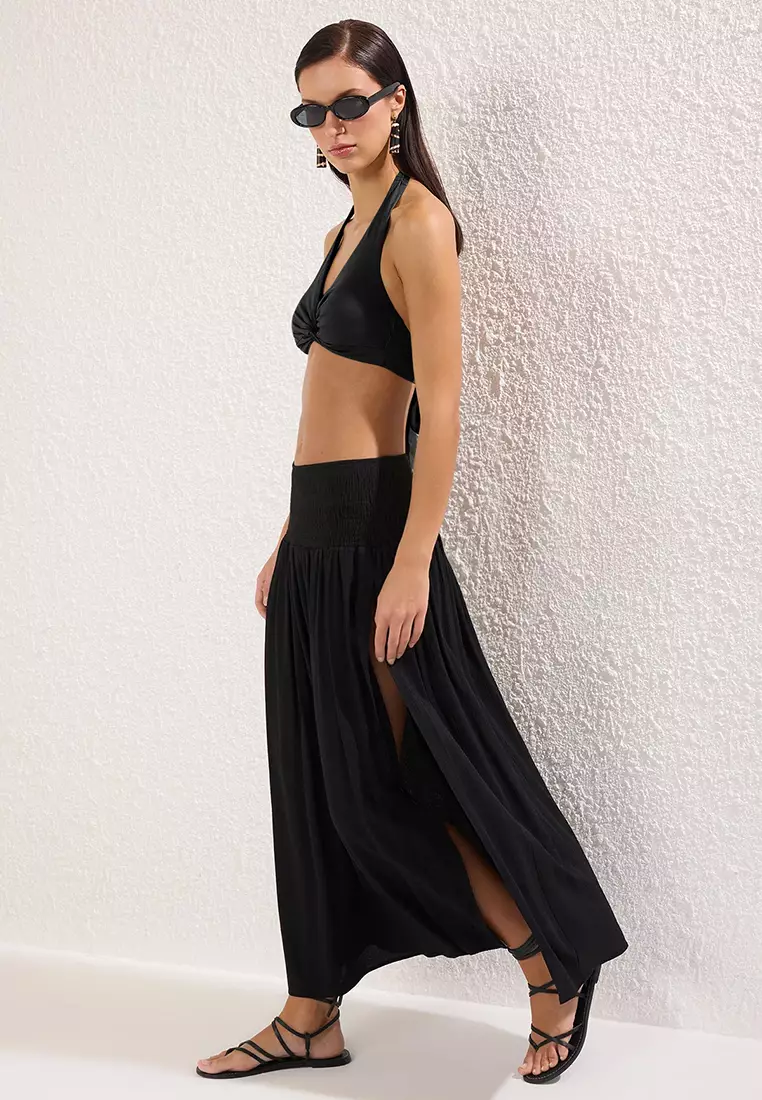 Black Maxi Woven Beach Skirt Tbess25Et00012