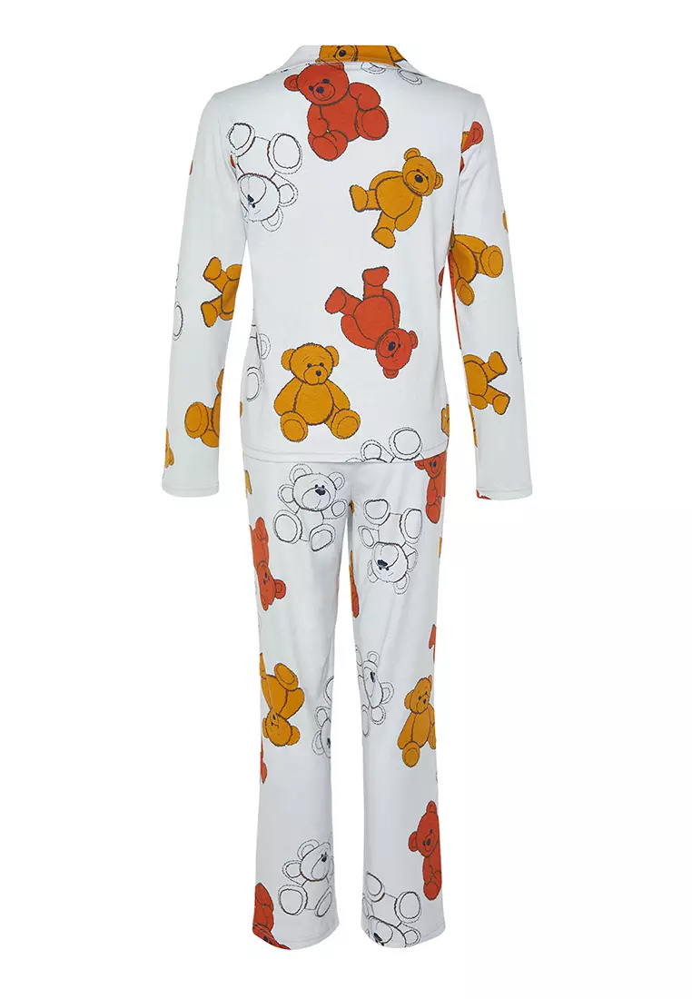 Gray Melange 100% Cotton Teddy Bear Shirt-Pants Knitted Pajama Set