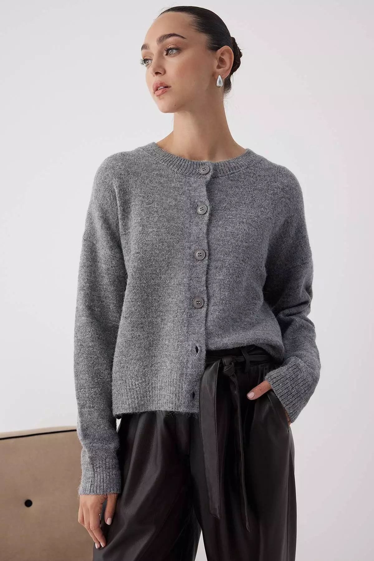 Anthracite Alpaca Wool Blended Wide Fit Knitwear Cardigan