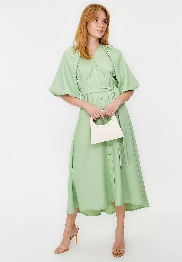 Belted Half Balloon Sleeve Shirt Dress