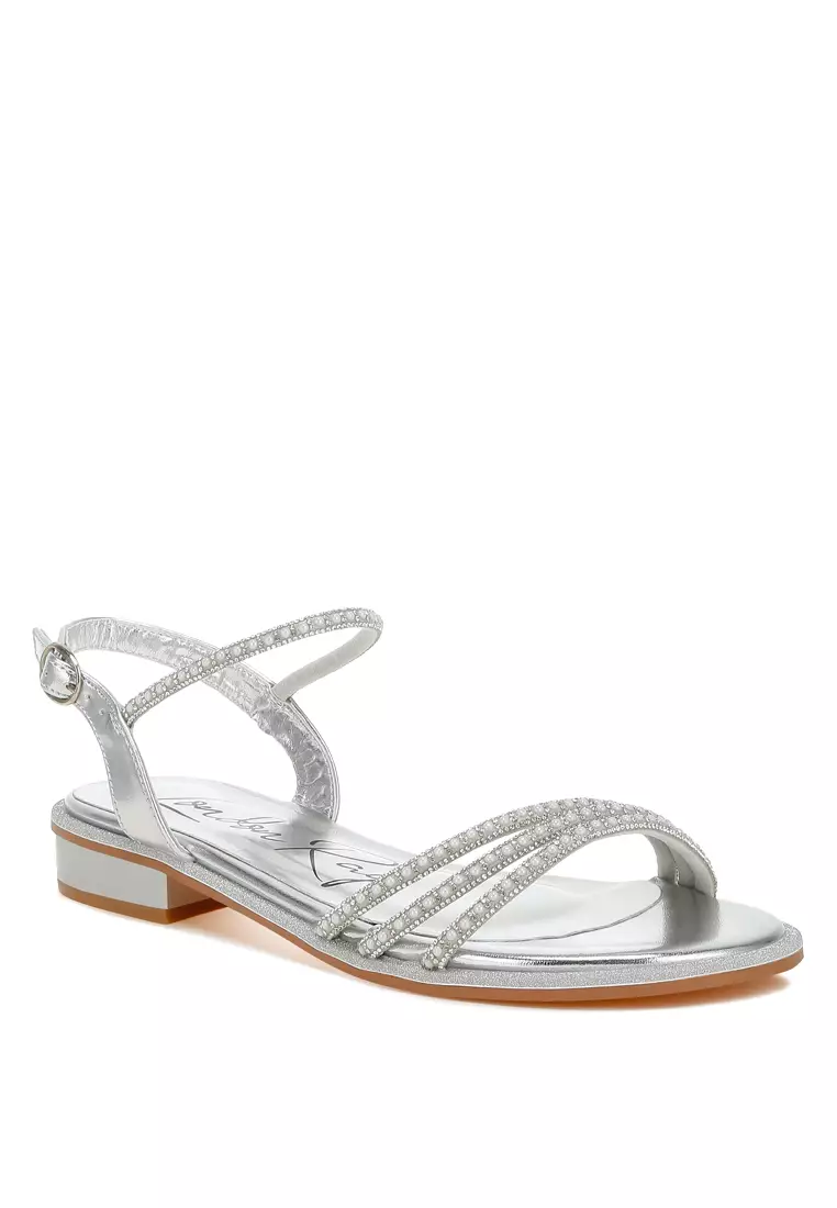 Rhinestone Pearl Detail Flat Sandals in Silver