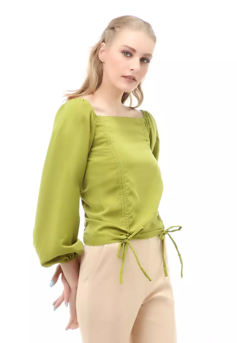 Cheva Blouse Atasan Wanita Sabrina Tali Lengan Panjang Casual Top Long Sleeve Comfortable Material Wolfis ORIGINAL - Green