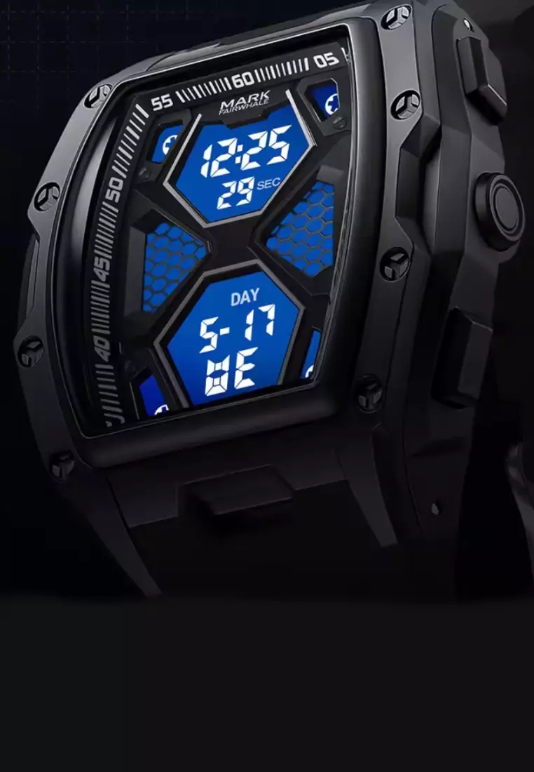 男女通用圓筒形電子表，45毫米，橡膠錶帶