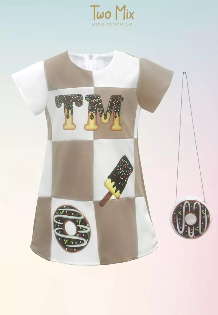 TWO MIX - Baju Anak Perempuan Print Donut - Dress Anak Gratis Tas Donut Lucu 1-8 Tahun 4297