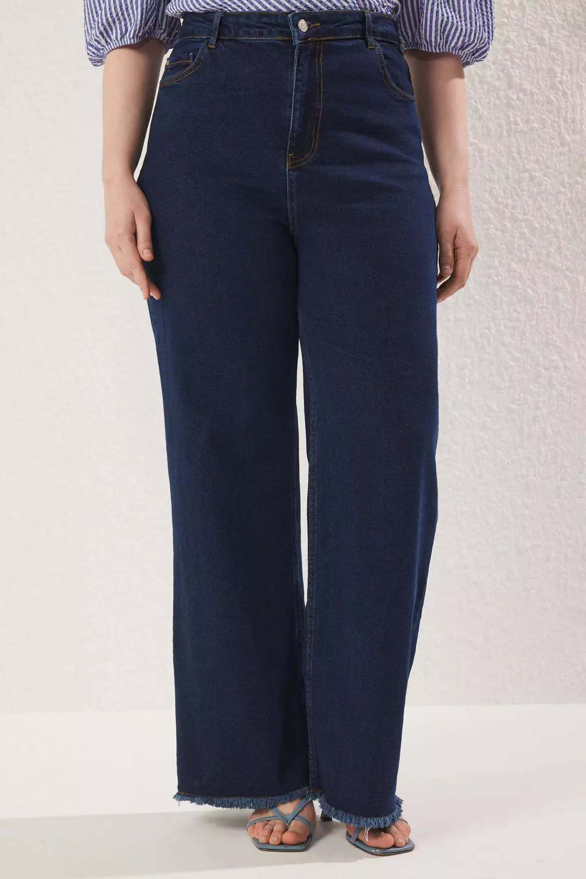 Dark Blue High Waisted Piercing Detail Wide Leg Comfort Plus Size Wide Leg Jeans Tbbss23Cj00009