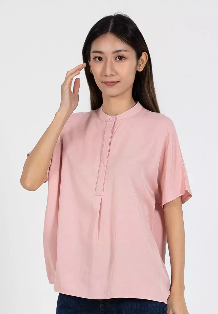 Forest Ladies Rayon Lyocell Band Collar Plain Blouse Women Short Sleeve Blouse - 822415-59LotusPink