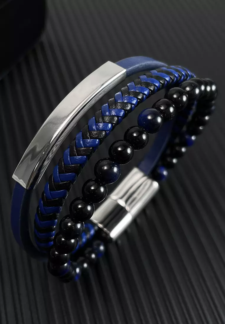 Men's Blue Leather and Bead Bracelet