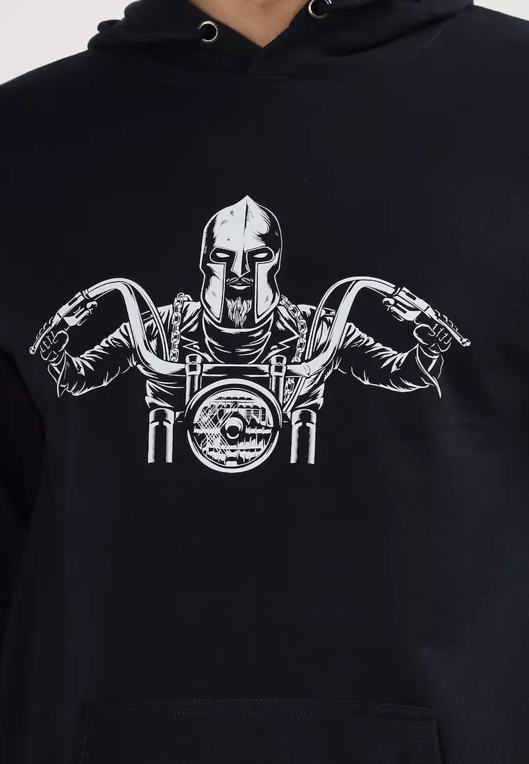 男士机车印花橡胶印花棉质宽松连帽衫，蓝色，适合训练、慢跑，外观高档，舒适