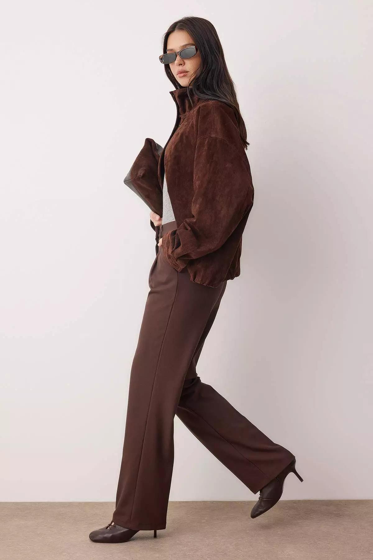 Dark Brown Straight/Cut Pleated Woven Fabric Pants Twoaw23Pl41