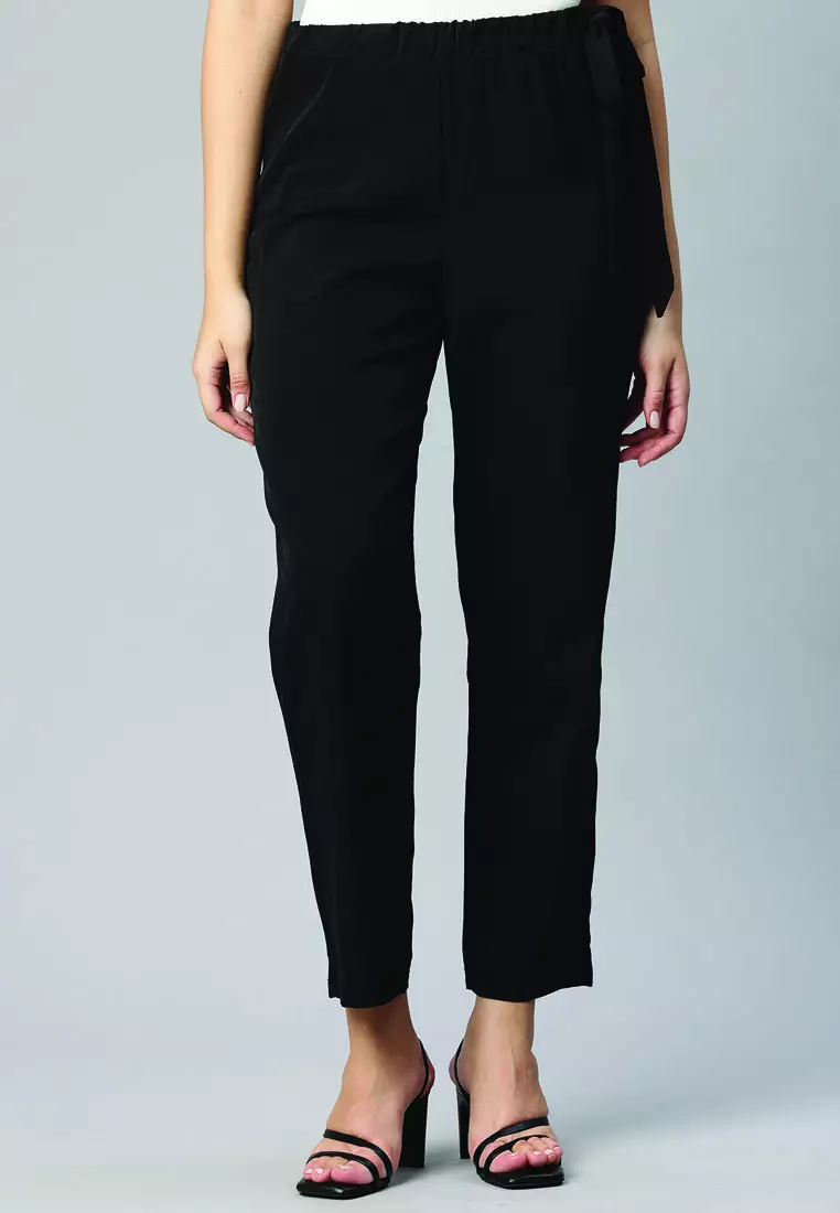 Black Solid Waist Belt Pants