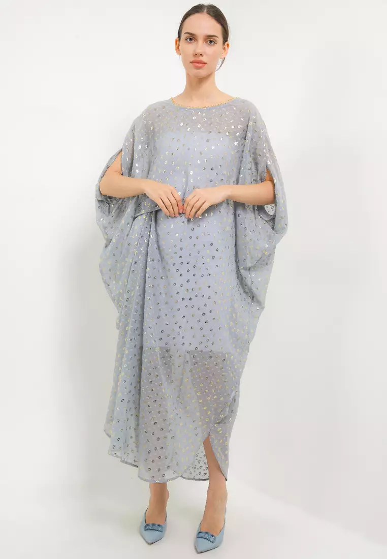 Beaded Neckline Gold Print Swissdot Chiffon Ruched Kaftan